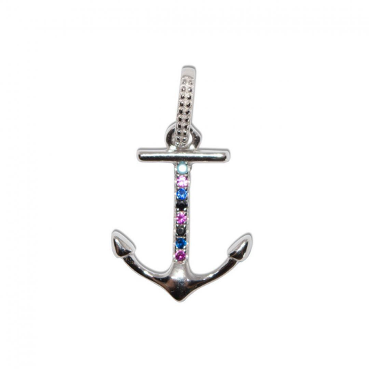 AG068 Silberanhänger in Rhodium 925 mit Zirkonen AD -Set 13x20mm Mod. Farbenfroher Anker